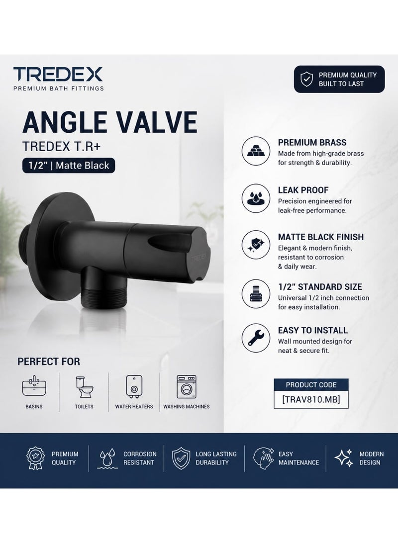 صمام زاوية TREDEX T.R+ مقاس 1/2 بوصة من النحاس باللون الأسود المطفي (Matte Black) - صمام إيقاف مياه لأحواض الغسيل والمراحيض وسخانات المياه.