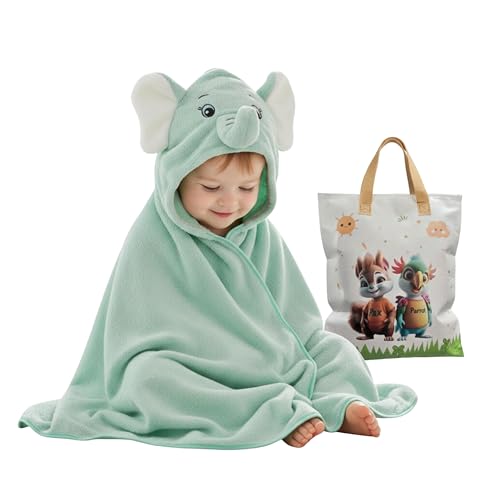 PAX PARROT Ultra-Soft Baby Hooded Towel – 100% Cotton Wrap Your Little one in Softness and Joy, Hypoallergenic & Super Absorbent Bath Wrap for Newborns & Toddlers | Cute Animal Design,(0-5Years) (Green Elephant) - Image 1