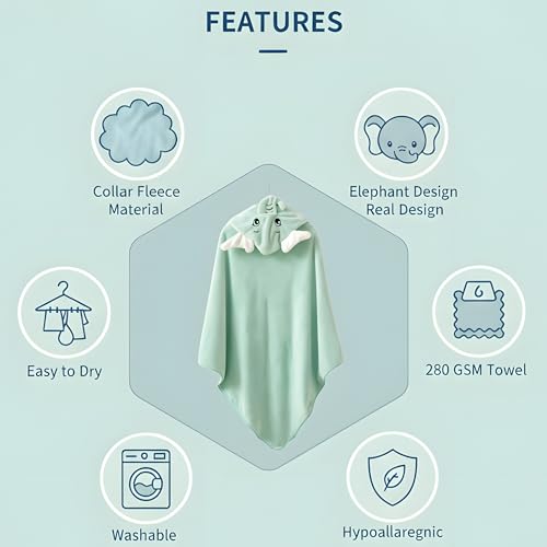 PAX PARROT Ultra-Soft Baby Hooded Towel – 100% Cotton Wrap Your Little one in Softness and Joy, Hypoallergenic & Super Absorbent Bath Wrap for Newborns & Toddlers | Cute Animal Design,(0-5Years) (Green Elephant) - Image 2