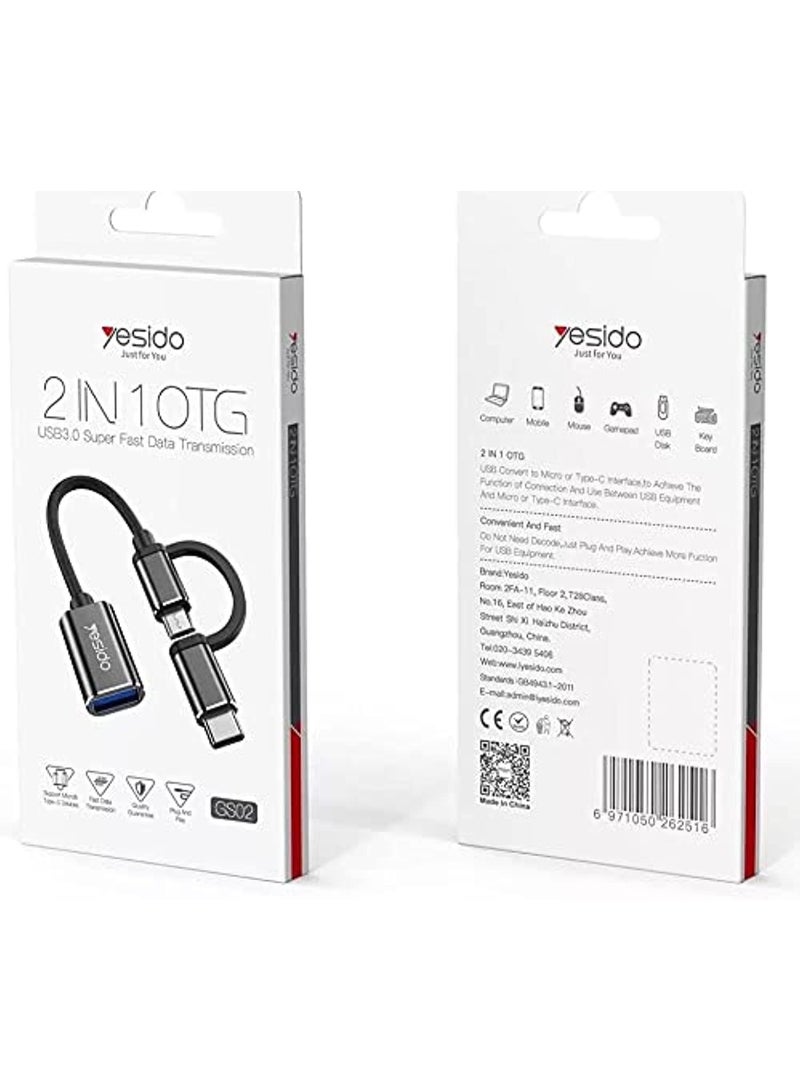 Yesido 2-in-1 OTG Super Fast USB 3.0 Data Transmission Cable – High-Speed Charging & Data Sync – Type-C & Micro USB Compatible – Black - Image 2