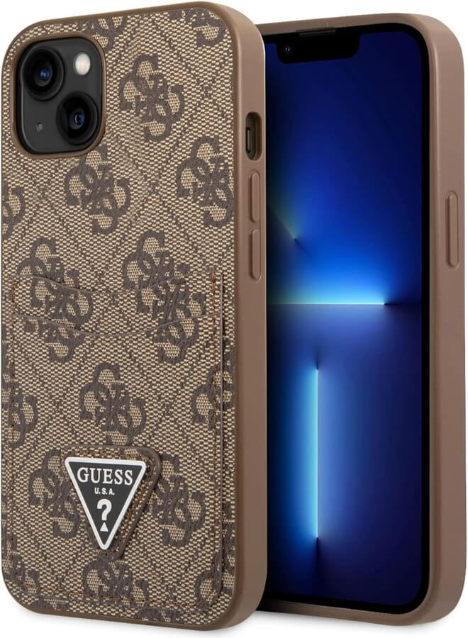 GUESS CG MOBILE PU 4G Case With Double Cardslot & Metal Triangle Logo With Smooth Hand Feel, Resistant to Damage, Dual Protective Shield Compatible With iPhone 14 Plus (Brown)