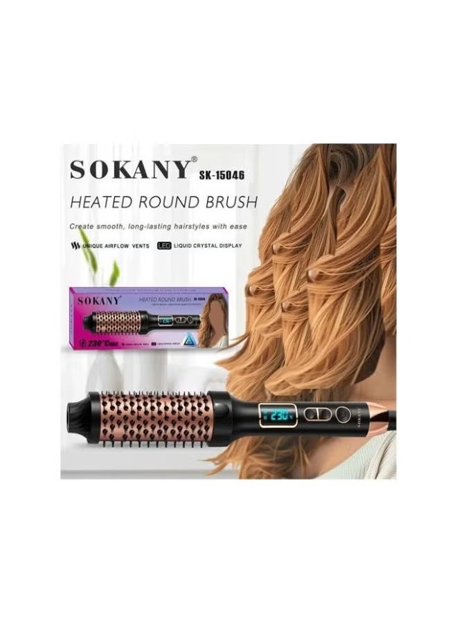 sokany SK-15046 Heated Round Brush – 230°C Digital Hair Straightening & Styling Brush with LCD Display, Rose Gold & Black, Rapid Heating, Auto Shut-Off, Ergonomic 360° Swivel Cord - Image 3