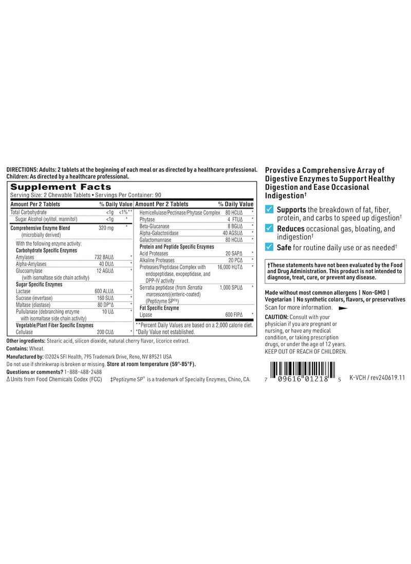 SFI Health Vital-Zymes Chewable Digestive Enzymes for Adults & Kids - Enzymes for Digestion - Cherry-Flavored - May Help Reduce Occasional Gas, Bloating & Indigestion (180 Chewables)
