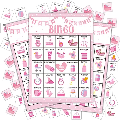 Disfuco Pink Shower Party Bingo Cards Shower Bingo Game Shower Party Games for Adults Gender Reveal Party Games Favors Supplies Decorations 24 Players Bingo Game A03 - Image 1
