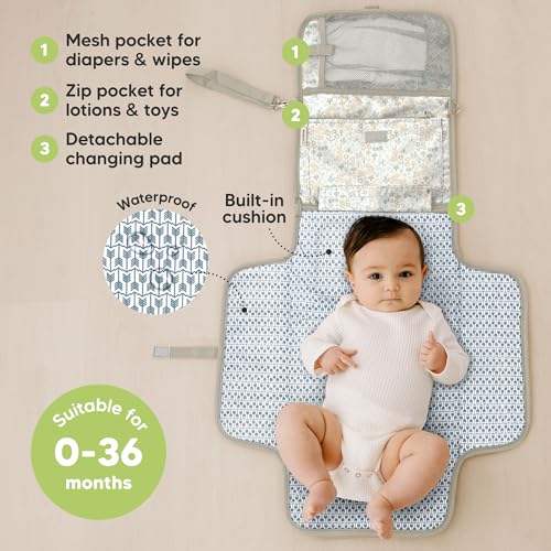 KeaBabies وسادة تغيير حفاضات كيا بيبي المحمولة - حصيرة تغيير حفاضات كبيرة مقاومة للماء، حقيبة حفاضات سفر مدمجة، جيوب عملية تناسب مستلزمات المولود الجديد، قابلة للمسح ومبطنة لتغيير حفاضات الأطفال (براري)  - Image 2