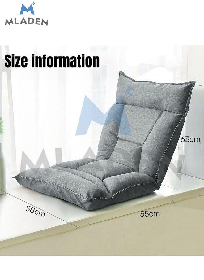 MLADEN - Floor Chair with Back Support Folding Lazy Floor Sofa Cushion Lazy Couch Tatami Lounger Floor Seat with 6-Position Adjustable Backrest Neck Pillow Fully Assembled for Meditating Reading Gaming Grey - Image 1