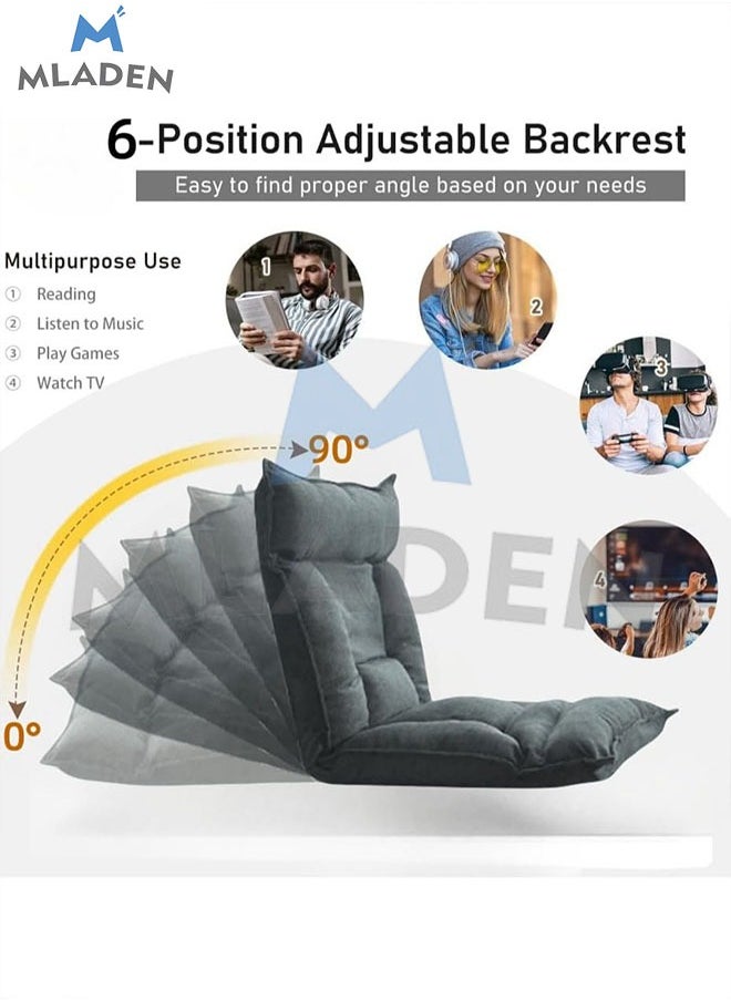 MLADEN - Floor Chair with Back Support Folding Lazy Floor Sofa Cushion Lazy Couch Tatami Lounger Floor Seat with 6-Position Adjustable Backrest Neck Pillow Fully Assembled for Meditating Reading Gaming Grey - Image 1