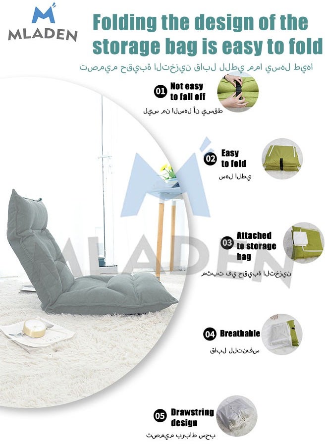 MLADEN - Floor Chair with Back Support Folding Lazy Floor Sofa Cushion Lazy Couch Tatami Lounger Floor Seat with 6-Position Adjustable Backrest Neck Pillow Fully Assembled for Meditating Reading Gaming Grey - Image 1