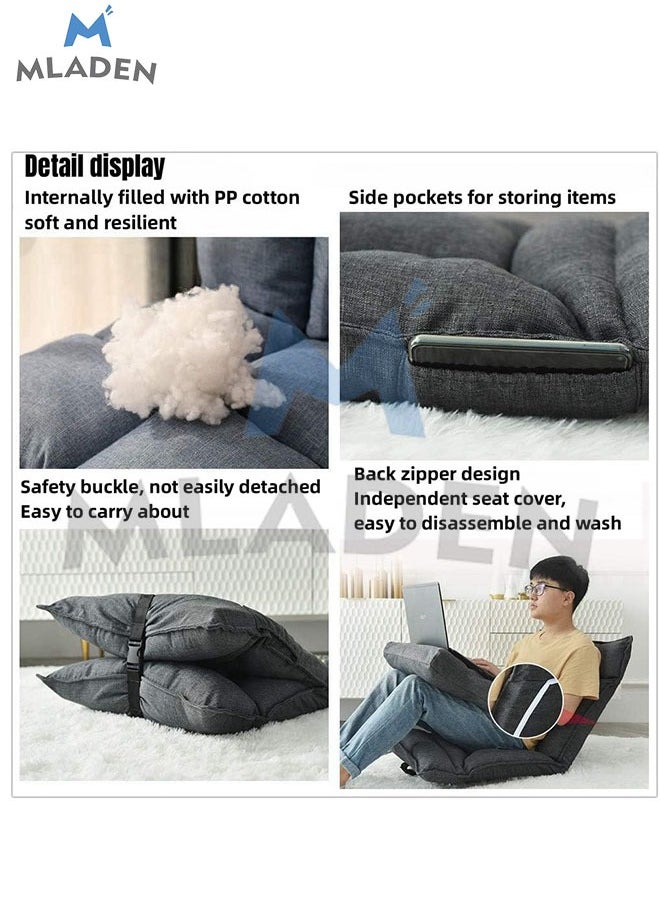 MLADEN - Floor Chair with Back Support Folding Lazy Floor Sofa Cushion Lazy Couch Tatami Lounger Floor Seat with 6-Position Adjustable Backrest Neck Pillow Fully Assembled for Meditating Reading Gaming Grey - Image 1