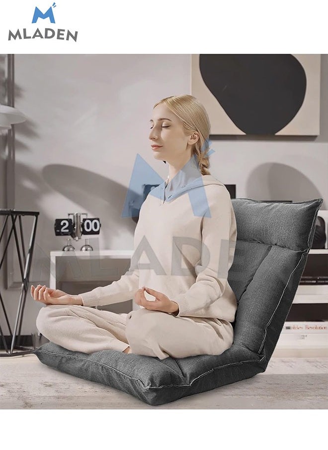 MLADEN - Floor Chair with Back Support Folding Lazy Floor Sofa Cushion Lazy Couch Tatami Lounger Floor Seat with 6-Position Adjustable Backrest Neck Pillow Fully Assembled for Meditating Reading Gaming Grey - Image 1