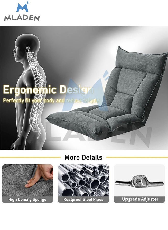 MLADEN - Floor Chair with Back Support Folding Lazy Floor Sofa Cushion Lazy Couch Tatami Lounger Floor Seat with 6-Position Adjustable Backrest Neck Pillow Fully Assembled for Meditating Reading Gaming Grey - Image 1