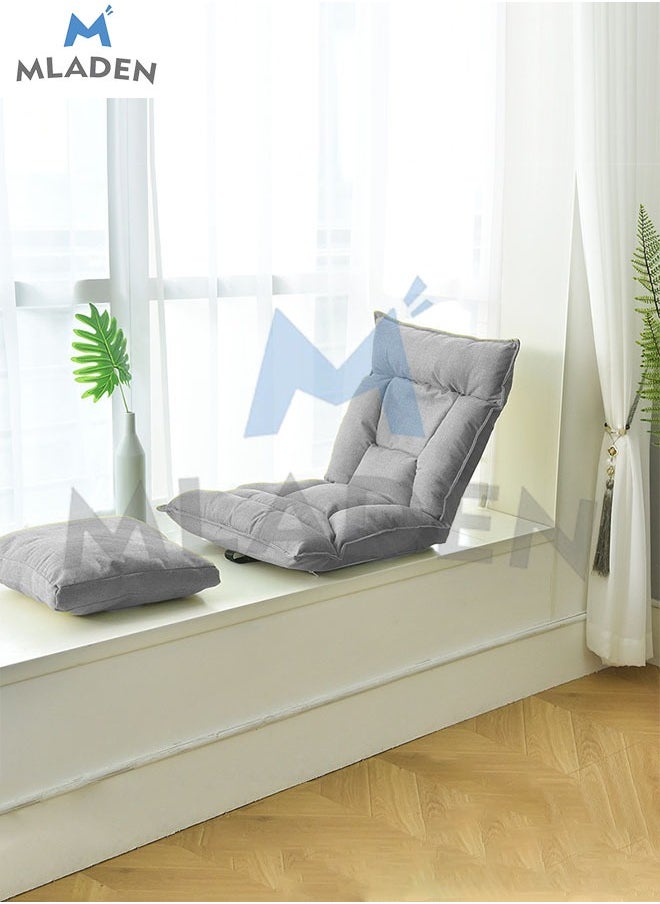 MLADEN - Floor Chair with Back Support Folding Lazy Floor Sofa Cushion Lazy Couch Tatami Lounger Floor Seat with 6-Position Adjustable Backrest Neck Pillow Fully Assembled for Meditating Reading Gaming Grey - Image 1