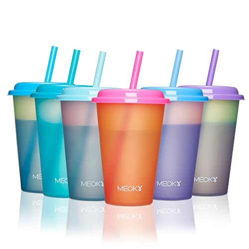 Meoky Color Changing Cups with Lids and Straws for Kids 6Pack 12oz Plastic Reusable Cold Drink Tumblers Summer Party Cups - Image 1