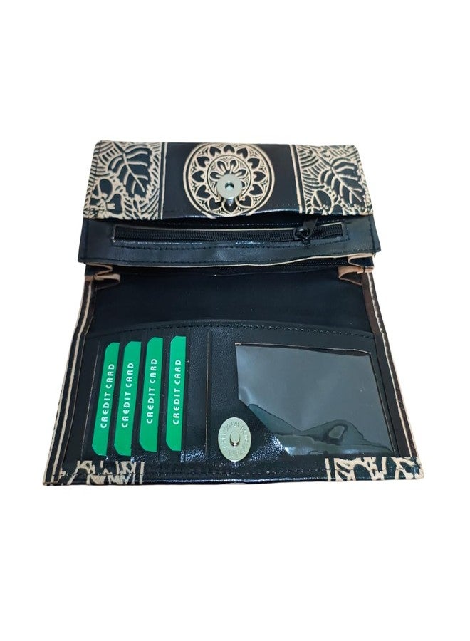 Chitrahar Genuine Shantiniketan Leather Traditional Chakra Motif Card Holder Wallet for Women (Black) - Image 3