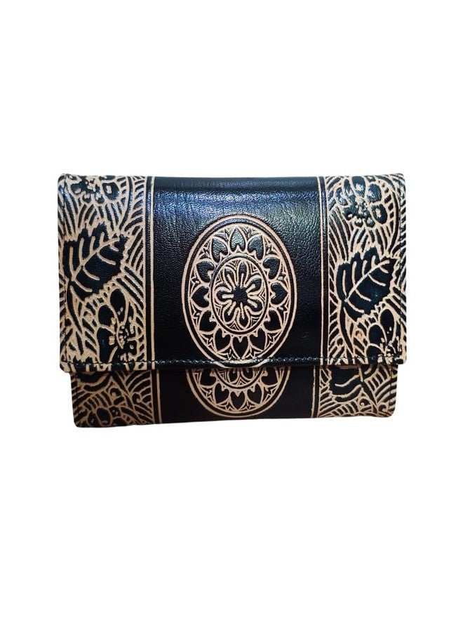 Chitrahar Genuine Shantiniketan Leather Traditional Chakra Motif Card Holder Wallet for Women (Black) - Image 1