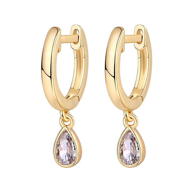 PAVOI 14K Yellow Gold Plated 925 Sterling Silver Post Huggie With Dangle | Small Gold Hinged Hoop Earrings For Women | Trendy Pear Shaped Cubic Zirconia Dangle Earrings - Image 3