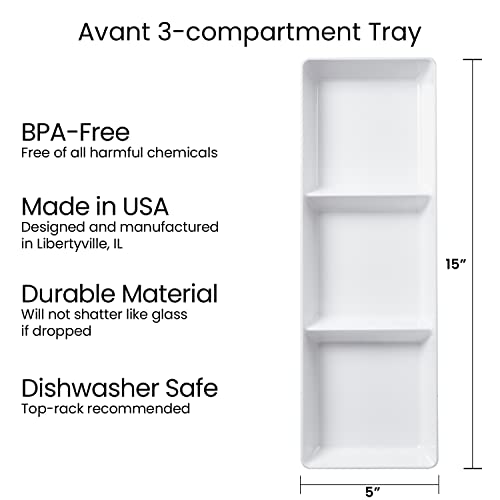 US Acrylic Avant White Plastic Divided Serving Trays (Set of 4) 15” x 5” | Narrow Reusable 3-Section Party Platters | Serve Appetizers, Fruit, Veggies, & Desserts | BPA-Free & Made in USA - Image 5