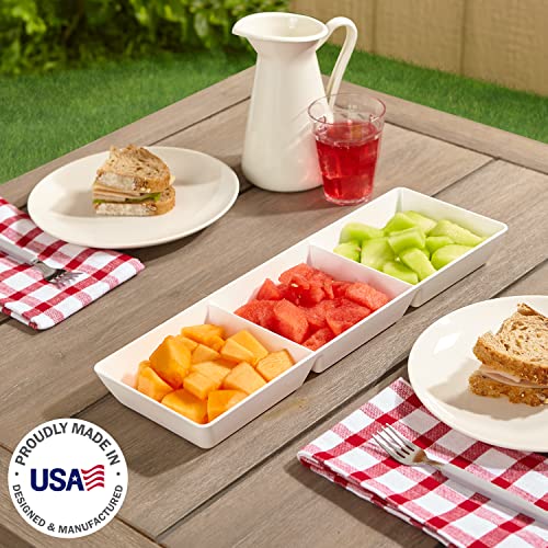 US Acrylic Avant White Plastic Divided Serving Trays (Set of 4) 15” x 5” | Narrow Reusable 3-Section Party Platters | Serve Appetizers, Fruit, Veggies, & Desserts | BPA-Free & Made in USA - Image 2