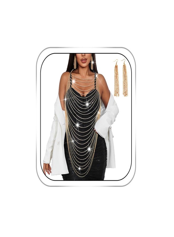 Aiosy Gold Body Chain Tassel Chain Bra Shoulder Chains Chest Necklace for Women Body Harness Jewelry Bikini Rave Accessories (with Gold Earrings) - Image 1