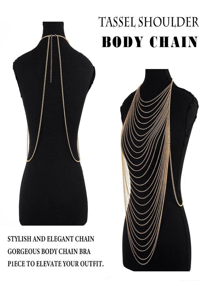 Aiosy Gold Body Chain Tassel Chain Bra Shoulder Chains Chest Necklace for Women Body Harness Jewelry Bikini Rave Accessories (with Gold Earrings) - Image 5