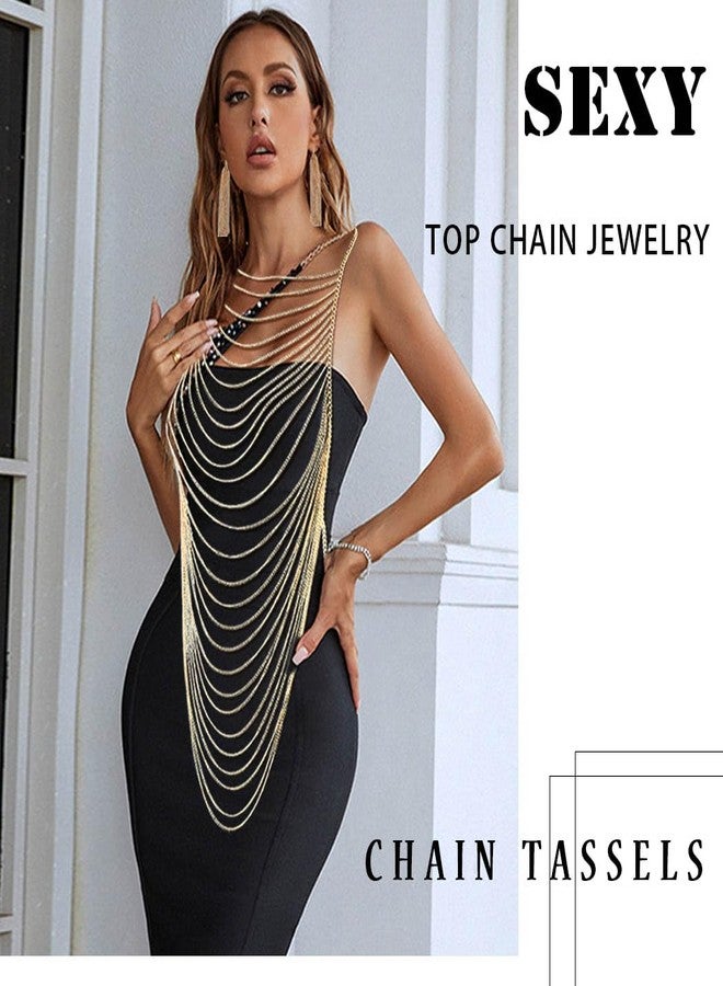 Aiosy Gold Body Chain Tassel Chain Bra Shoulder Chains Chest Necklace for Women Body Harness Jewelry Bikini Rave Accessories (with Gold Earrings) - Image 4