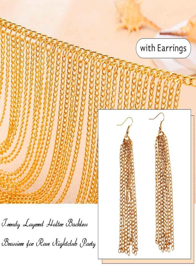 Aiosy Gold Body Chain Tassel Chain Bra Shoulder Chains Chest Necklace for Women Body Harness Jewelry Bikini Rave Accessories (with Gold Earrings) - Image 3