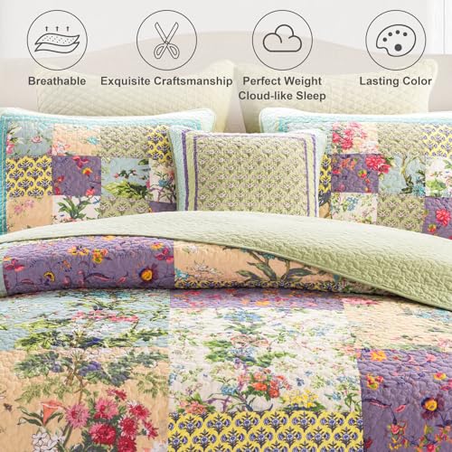 YAYIDAY Oversized King Bedspread Patchwork Quilt Set (120x118 Inch) - 100% Cotton Reversible Breathable Colorful Floral Quilted Coverlet with Pillow Shams for All Seasons - Image 2