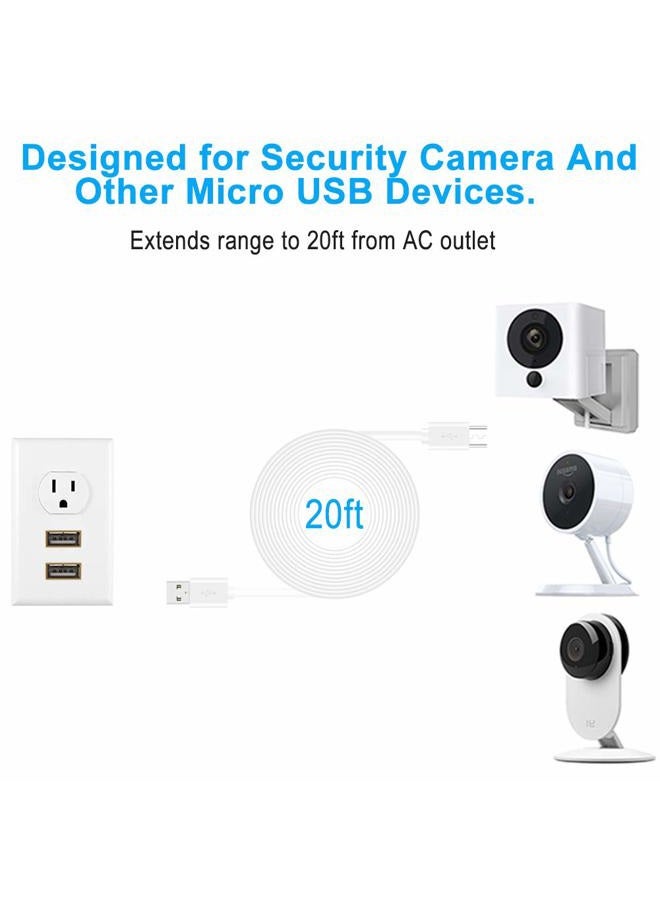 SCOVEE كابل تمديد طاقة USB بطول 20 قدم لكاميرات WyzeCam وWyzeCam Pan وكاميرا YI وكاميرا NestCam الداخلية وكاميرا Netvue وكاميرا KasaCam الداخلية وكاميرا Furbo Dog وكاميرا Blink وكاميرا Cloud وكابل شحن USB إلى Micro USB لكاميرات الأمان - Image 2