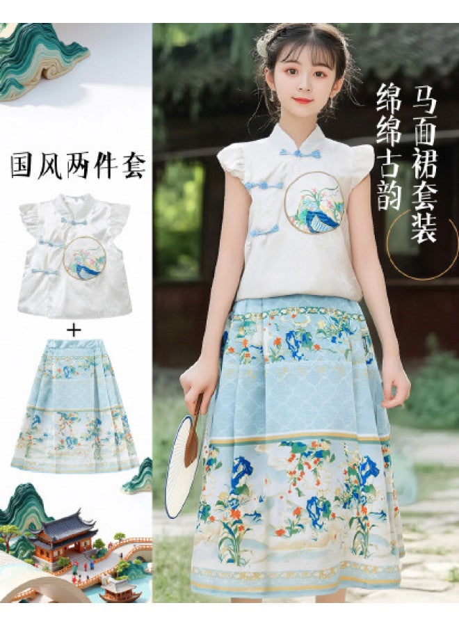 Bornbay summer Girls' Breathable And Cool Sleeveless Pleated Skirt Two-piece Outfit - Image 1
