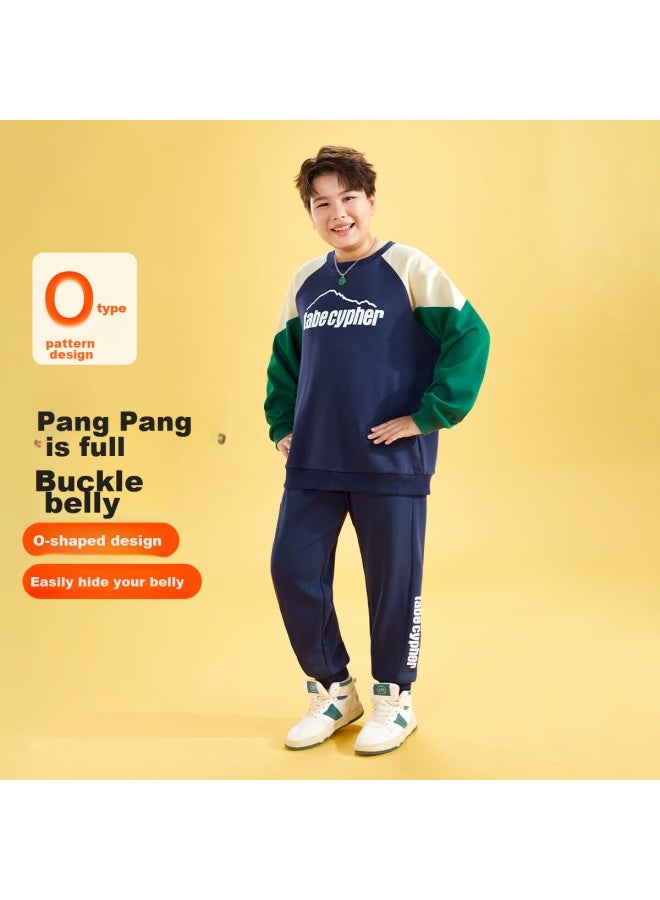 TABE Xiaozhutuoni Fleece-lined Outfit For Chubby Boys, Children's Autumn And Winter Set, Youth Sports Suit, Casual Two-piece Set, Plus Size Children's Clothing - Image 1