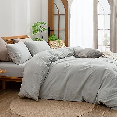 BESTOUCH Duvet Cover Set 100% Washed Cotton Linen Feel Super Soft Comfortable Chic Lightweight 3 PCs Home Bedding Set Solid Northern Droplet Grey Queen - Image 3