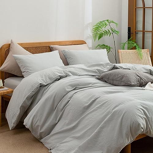 BESTOUCH Duvet Cover Set 100% Washed Cotton Linen Feel Super Soft Comfortable Chic Lightweight 3 PCs Home Bedding Set Solid Northern Droplet Grey Queen - Image 5