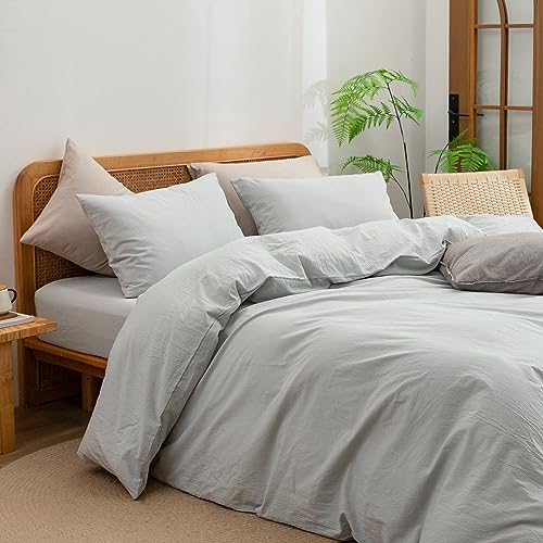 BESTOUCH Duvet Cover Set 100% Washed Cotton Linen Feel Super Soft Comfortable Chic Lightweight 3 PCs Home Bedding Set Solid Northern Droplet Grey Queen - Image 2