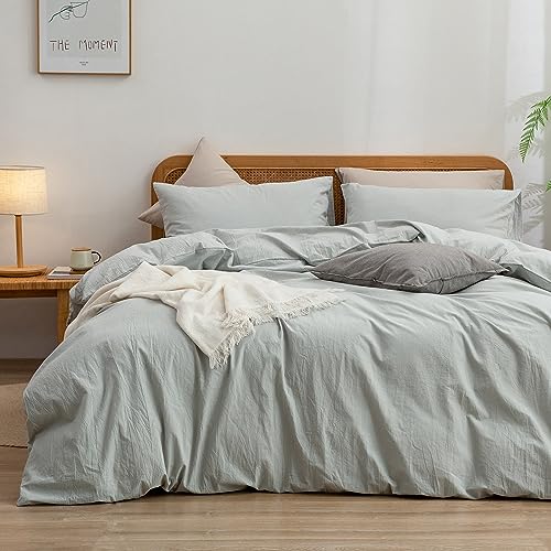 BESTOUCH Duvet Cover Set 100% Washed Cotton Linen Feel Super Soft Comfortable Chic Lightweight 3 PCs Home Bedding Set Solid Northern Droplet Grey Queen - Image 1