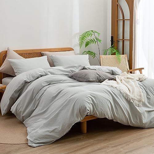 BESTOUCH Duvet Cover Set 100% Washed Cotton Linen Feel Super Soft Comfortable Chic Lightweight 3 PCs Home Bedding Set Solid Northern Droplet Grey Queen - Image 4