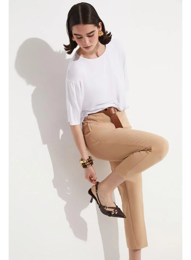 جون June High Waist Stitching Detailed Woven Trouser Beige