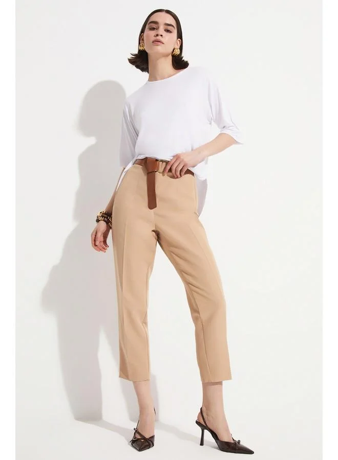 جون June High Waist Stitching Detailed Woven Trouser Beige