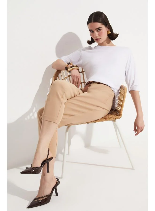 جون June High Waist Stitching Detailed Woven Trouser Beige