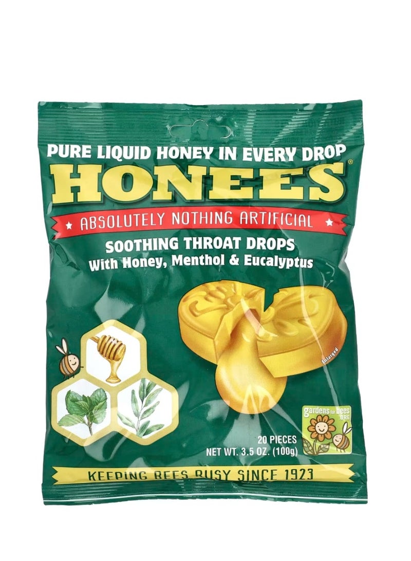 Honees Soothing Throat Drops with Honey Menthol & Eucalyptus 20 Pieces 3.5 oz (100 g) - Image 1