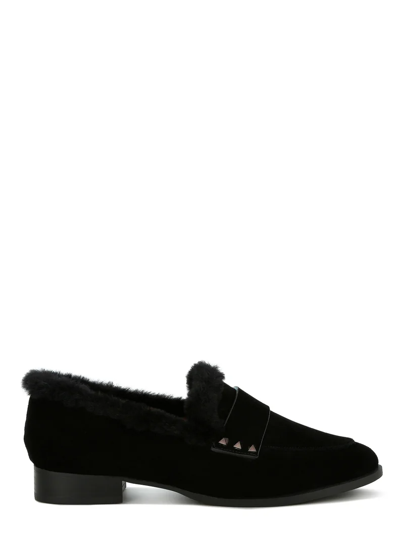 London Rag Fur Trim Suede Loafers in Black