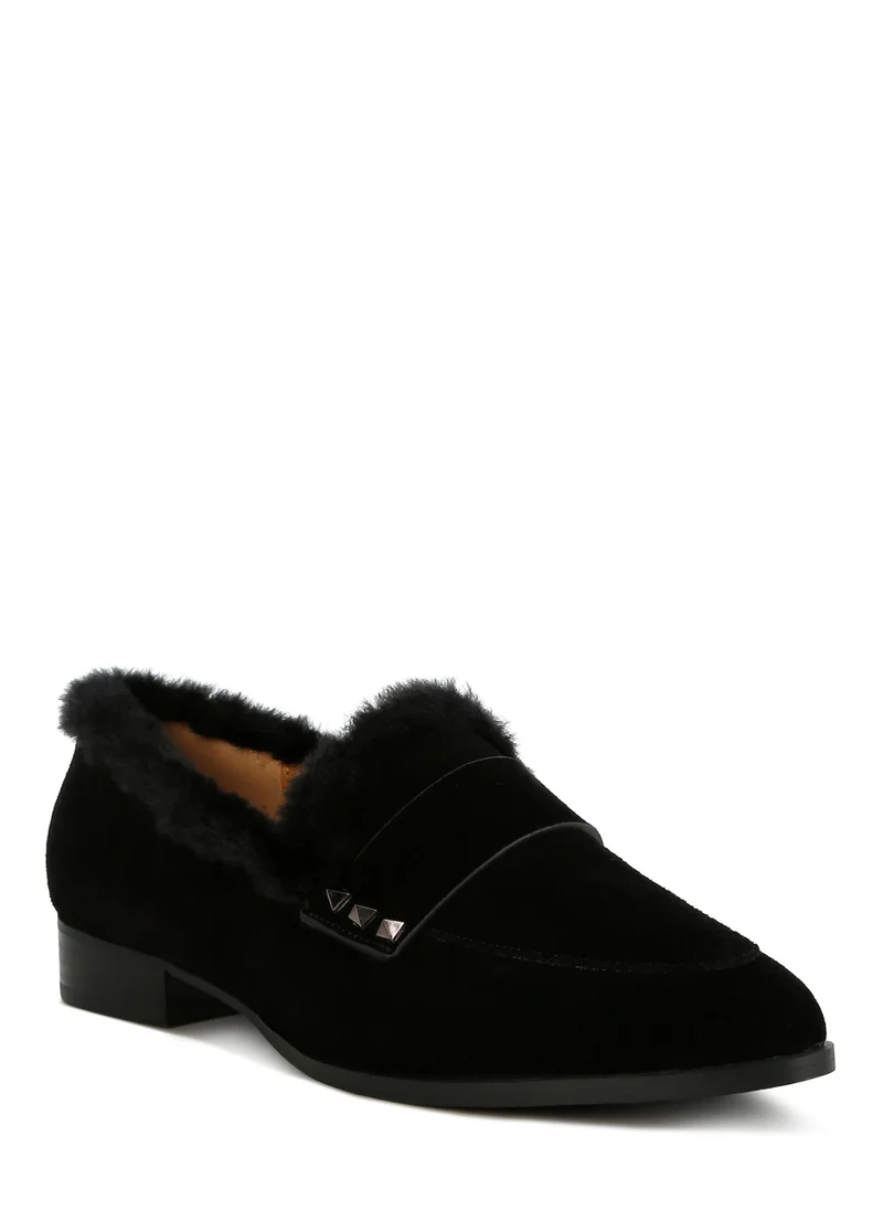 London Rag Fur Trim Suede Loafers in Black