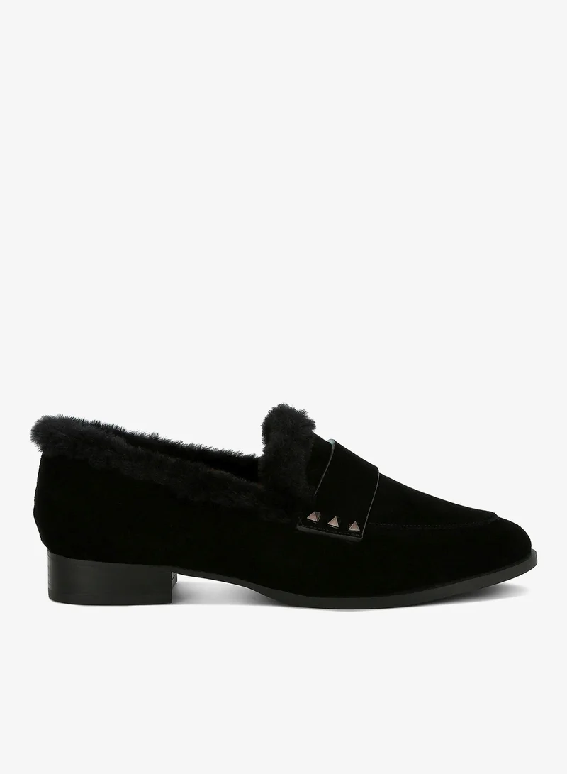 Fur Trim Suede Loafers in Black