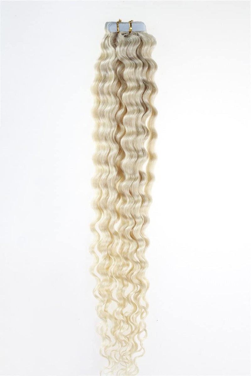 Yotty Invisible Seamless Tape in Hair Extensions Skin Weft Curly Remy Human Hair Platinum Blonde 18inch20Pcs - Image 2