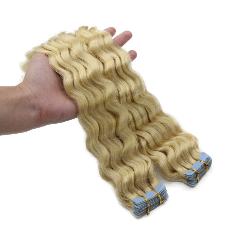 Yotty Invisible Seamless Tape in Hair Extensions Skin Weft Curly Remy Human Hair Platinum Blonde 18inch20Pcs - Image 3