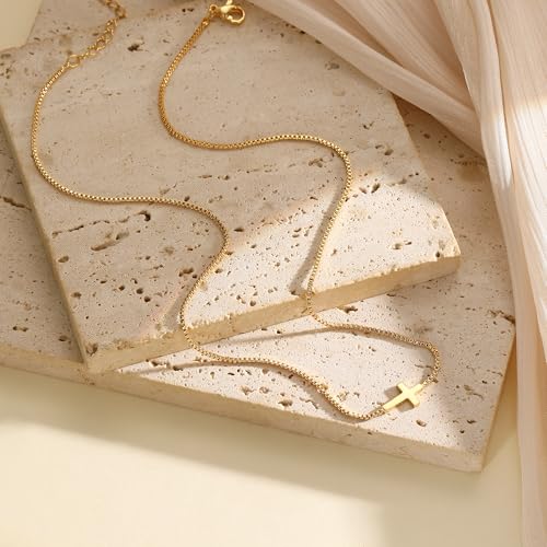 Rotnso Cross Necklace for Women 14K Gold Plated Dainty Small Sideways Cross Pendant Choker Simple Trendy Cute Cross Charm Box Chain Necklace Easter Basket Stuffers Baptism Religious Faith Jewelry Gift - Image 4
