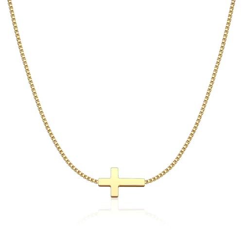 Rotnso Cross Necklace for Women 14K Gold Plated Dainty Small Sideways Cross Pendant Choker Simple Trendy Cute Cross Charm Box Chain Necklace Easter Basket Stuffers Baptism Religious Faith Jewelry Gift - Image 1