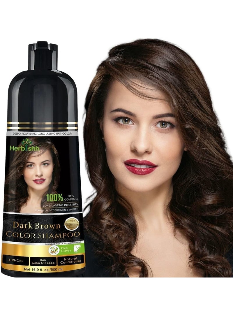Herbishh Hair Colour Shampoo (Dark Brown, 500Ml) - Ammonia Free Hair Color For Women & Men | Permanent Hair Dye Shampoo with 100% Grey Coverage Up To 8 Weeks - Image 1