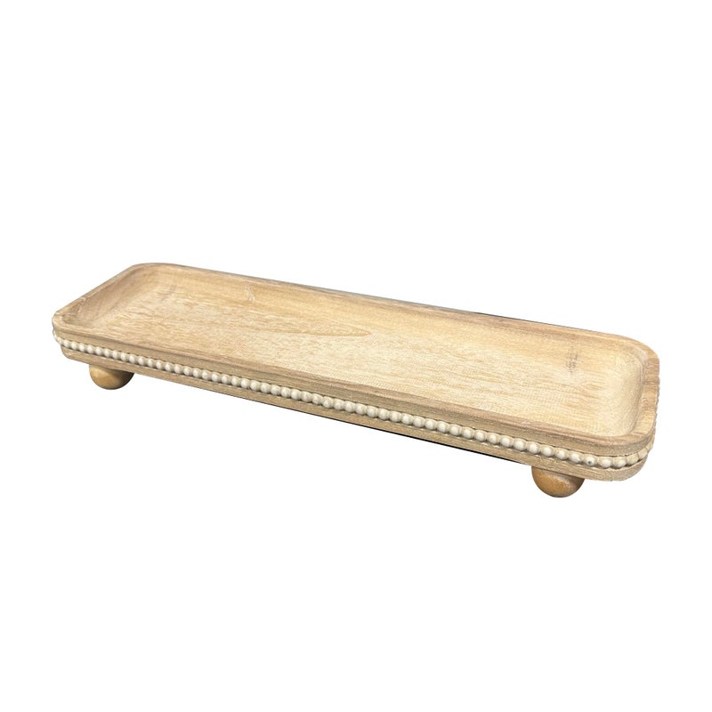 Dwellington Oval Wooden Decorative Tray, Farmhouse Style, Beaded Serving Tray for Living Room, Coffee Table (White Wash) - Image 2