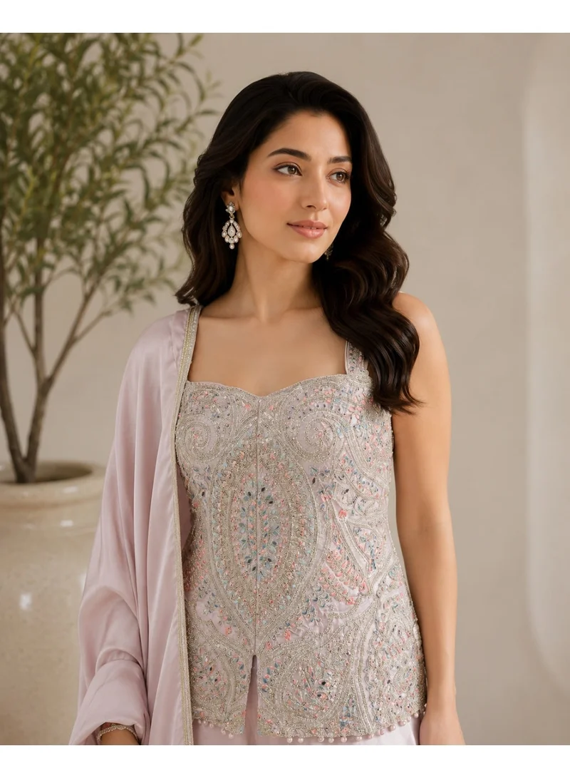 Lehar Baby Pink Embellished Bustier Top with Wide-Leg Palazzo Pants & Dupatta Set