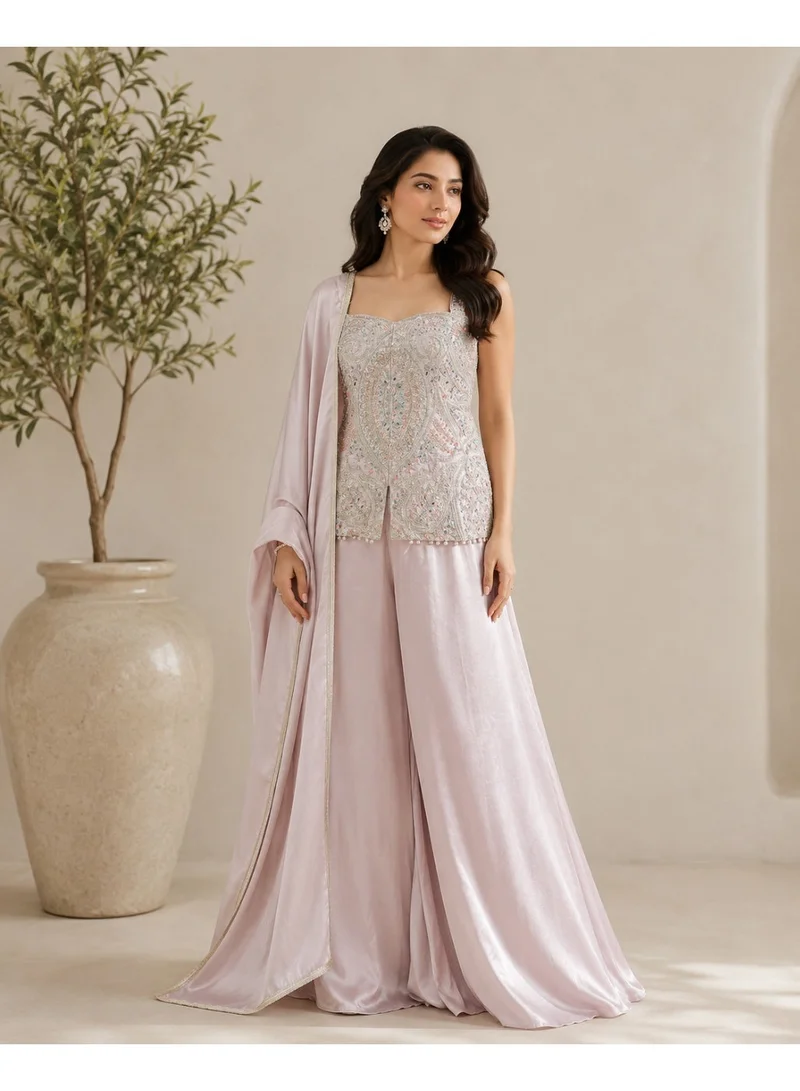 Lehar Baby Pink Embellished Bustier Top with Wide-Leg Palazzo Pants & Dupatta Set